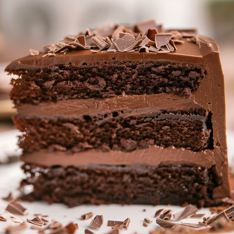 A rich slice of chocolate cake with multiple layers of frosting and chocolate shavings on top.